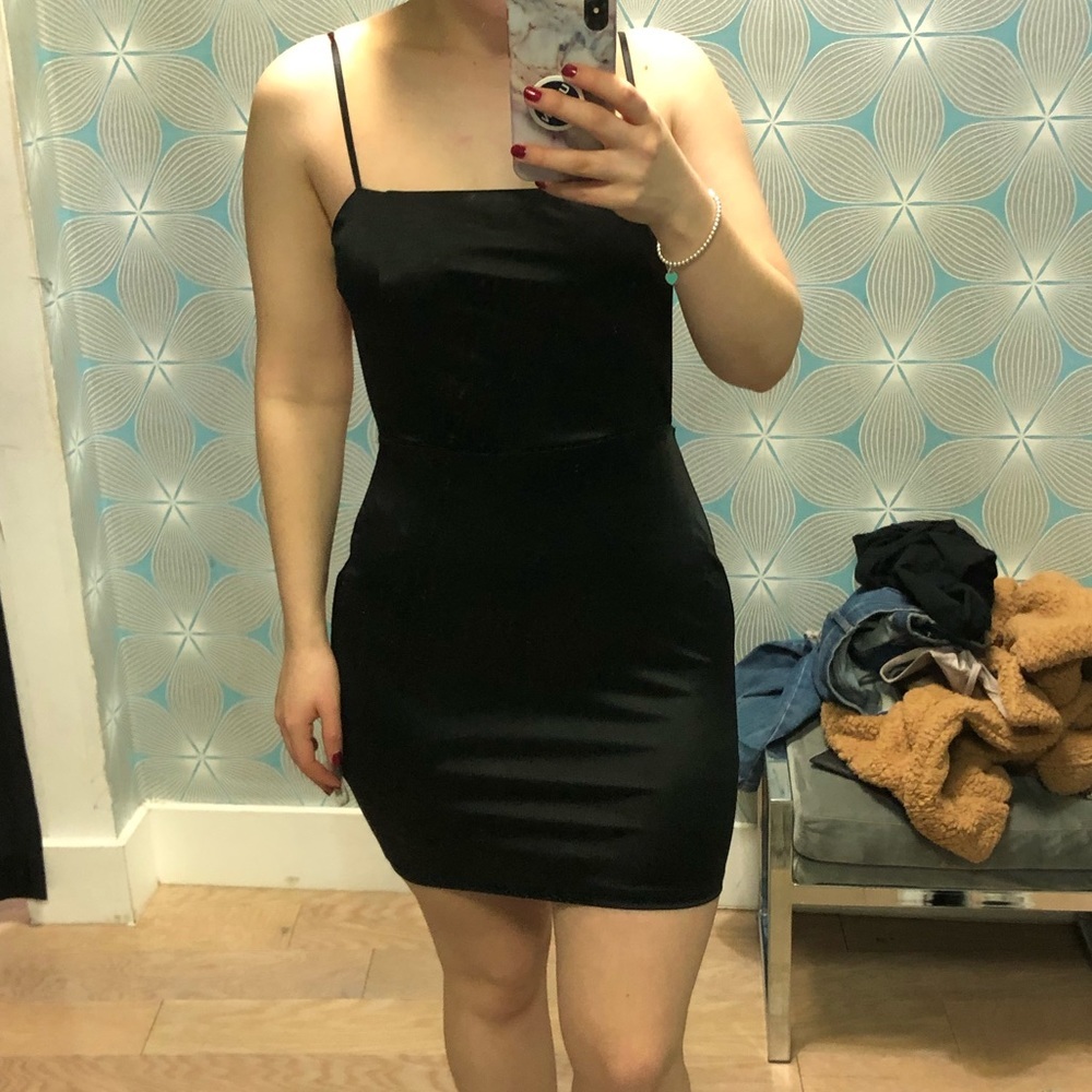 NWT black satin open back dress